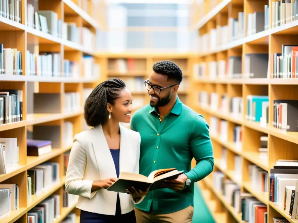 Un grupo diverso de académicos colabora en una biblioteca moderna y luminosa, rodeados de estanterías de libros académicos