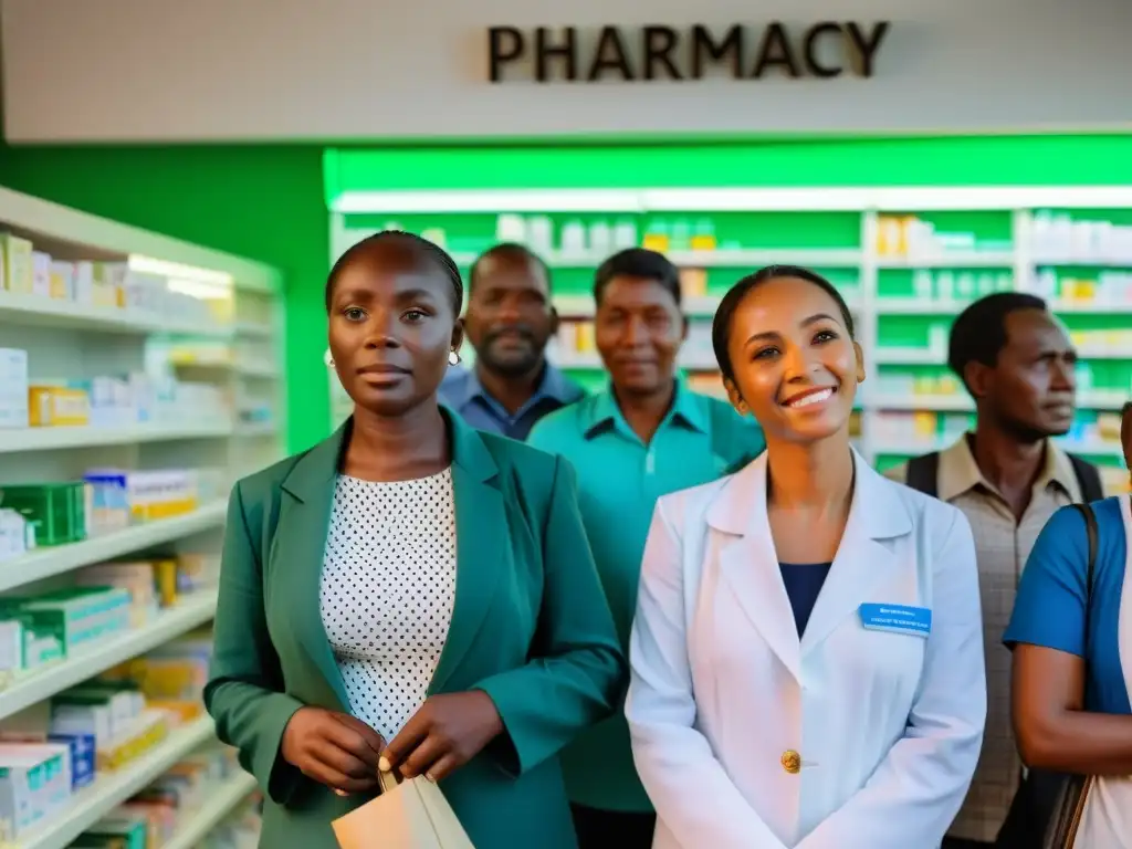 Esperanza y urgencia: Acceso a medicamentos en un país en desarrollo Grupo diverso espera acceso a medicamentos vitales en farmacia iluminada en país en desarrollo, reflejando esperanza y ansiedad