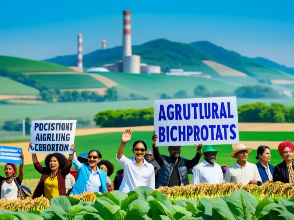 Un grupo diverso de activistas marcha frente a la sede de una gran corporación de biotecnología agrícola, con carteles coloridos y un cielo azul brillante de fondo