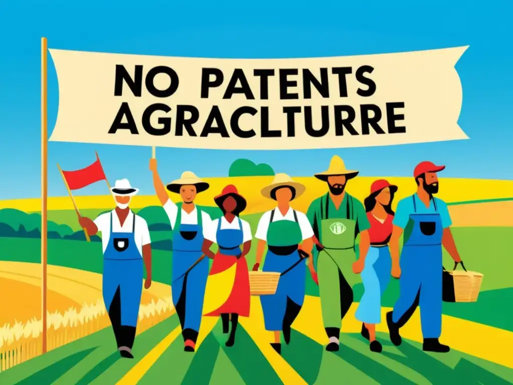 Un grupo diverso de agricultores y activistas marcha unido contra las patentes en agricultura, en un paisaje verde y cielos azules