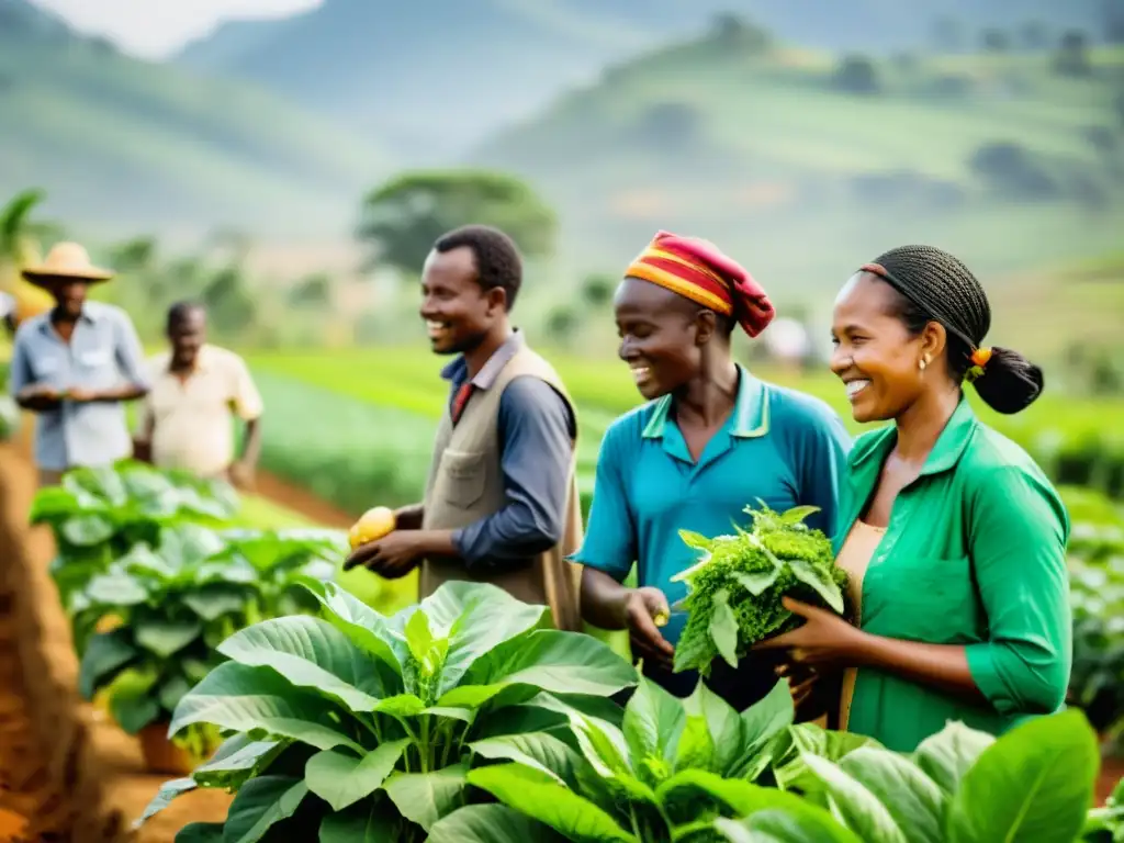 Grupo diverso de agricultores en países en desarrollo practicando agricultura sostenible, promoviendo innovación y colaboración comunitaria