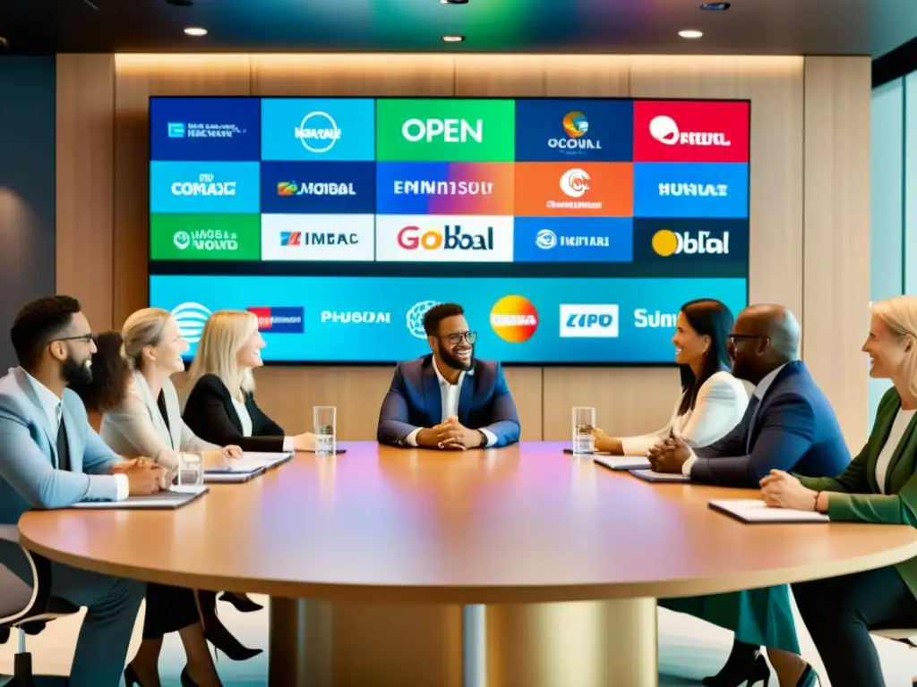 Un grupo diverso disfruta de una animada discusión en torno a una mesa de conferencias, con logos globales