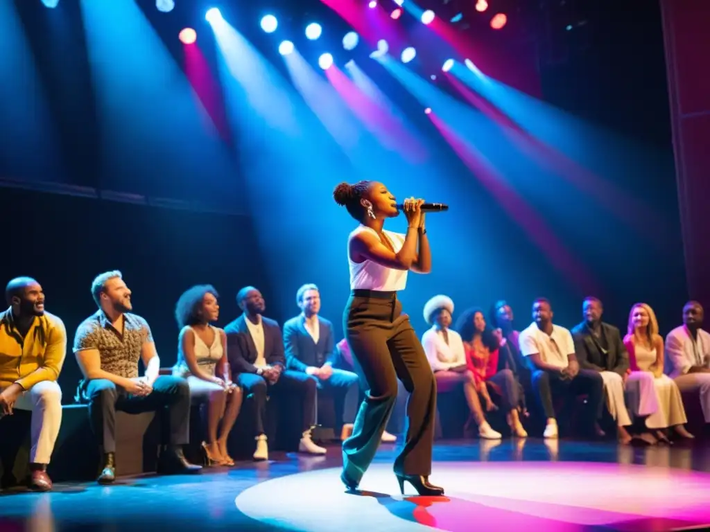 Un grupo diverso de artistas apasionados y músicos actuando en un escenario moderno, iluminado de forma dinámica