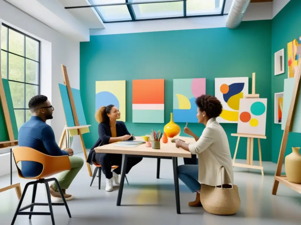 Un grupo diverso de artistas colaborando en un estudio de arte moderno, rodeados de obras coloridas