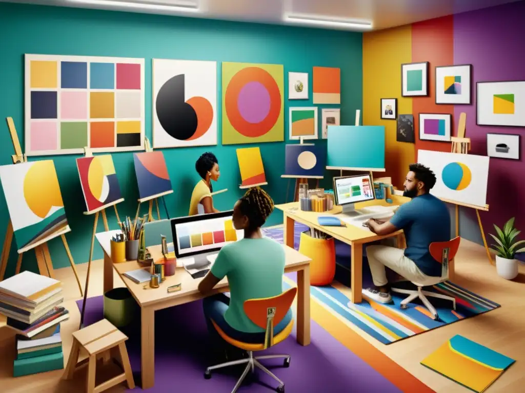 Un grupo diverso de artistas colabora en un estudio moderno, iluminado y lleno de color