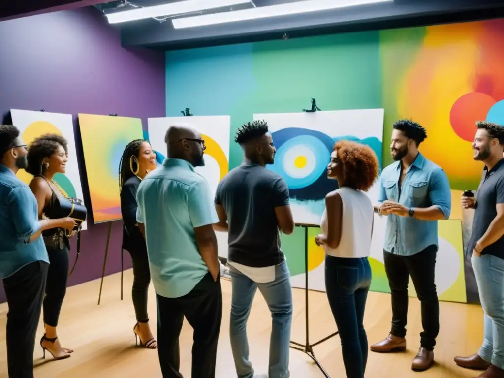 Un grupo diverso de artistas colabora en un estudio moderno y bien iluminado, creando juntos