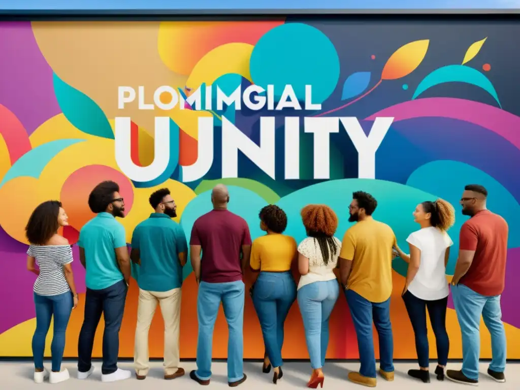 Grupo diverso de artistas colaborando en un mural digital, expresando creatividad a través de pintura, diseño digital y música
