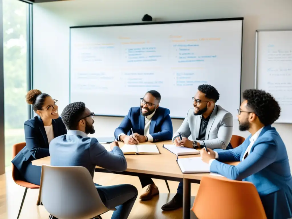 Un grupo diverso de autores académicos colabora en estrategias de monetización, compartiendo ideas en un ambiente cálido y dinámico