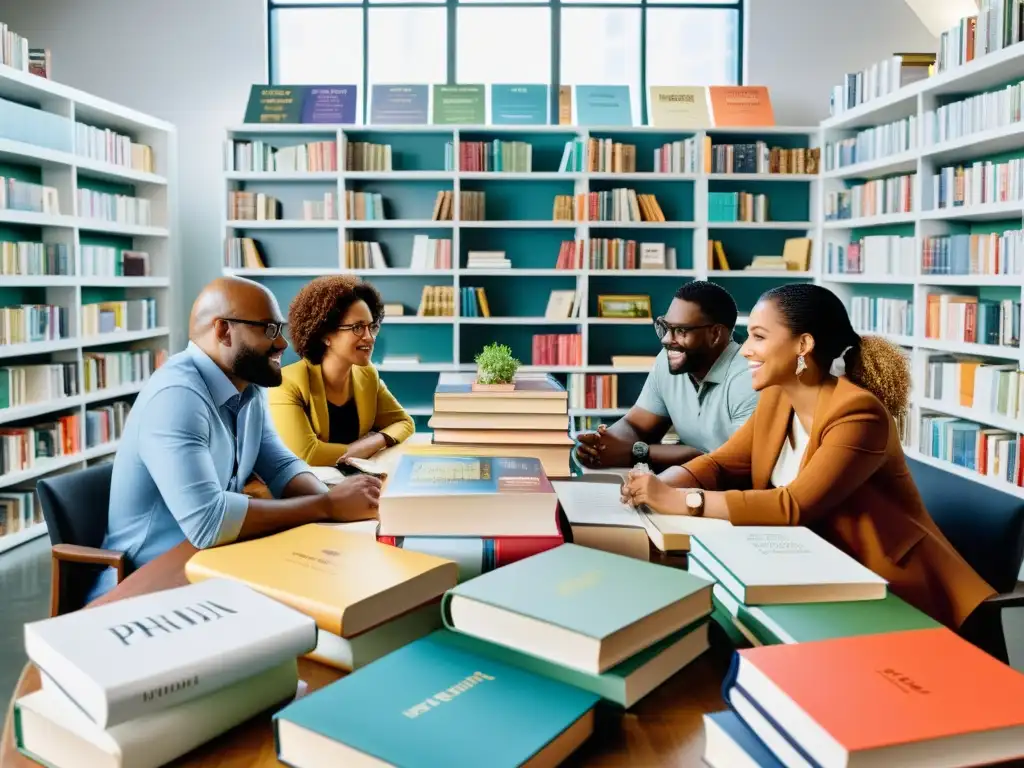 Un grupo diverso de autores y editores se reúnen en una oficina moderna, rodeados de libros y papeles