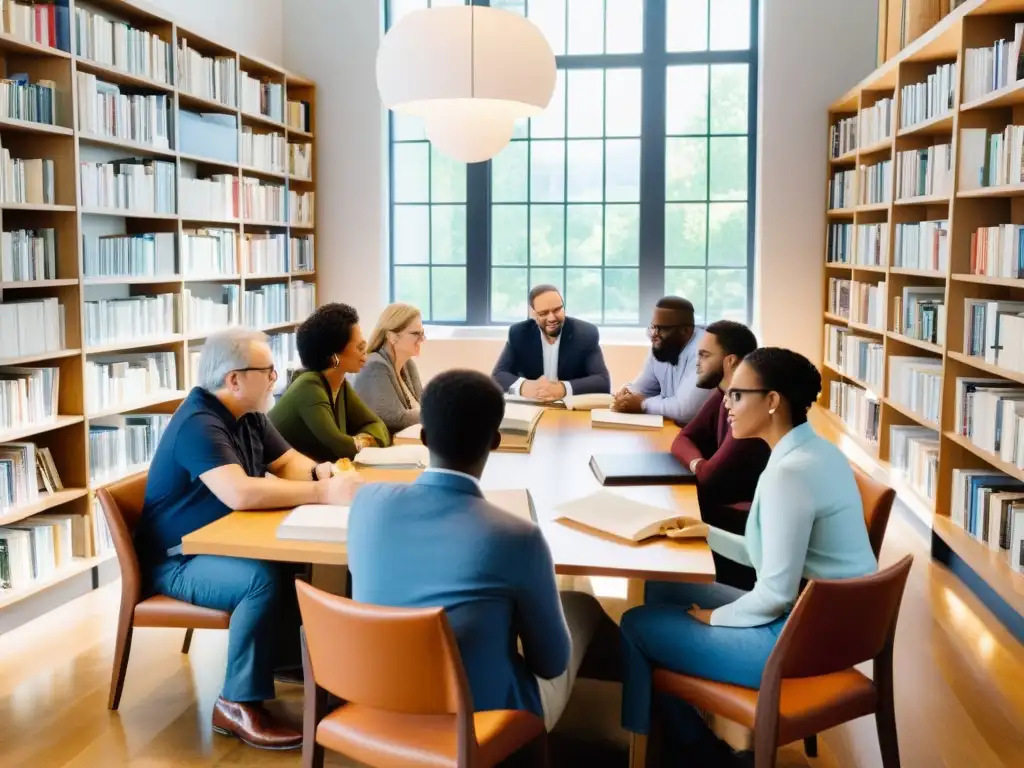 Un grupo diverso de autores y editores colaborando en una mesa llena de libros y manuscritos, en una atmósfera cálida y profesional