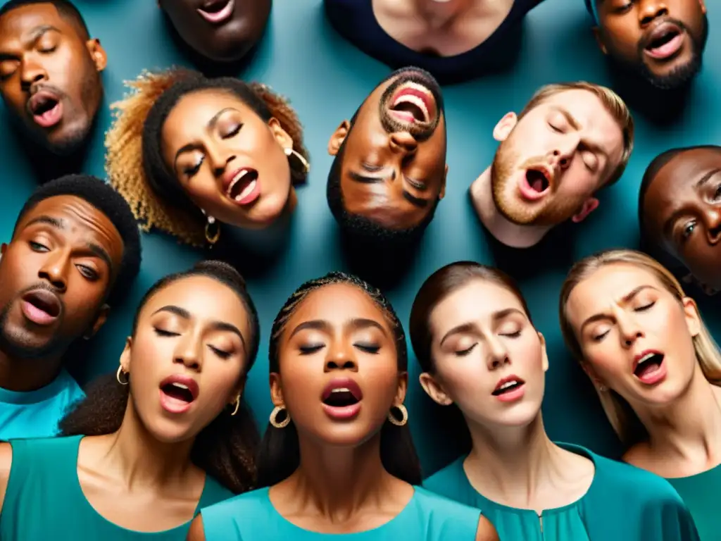 Un grupo diverso de cantantes corales en un semicírculo, con expresiones de concentración y emoción