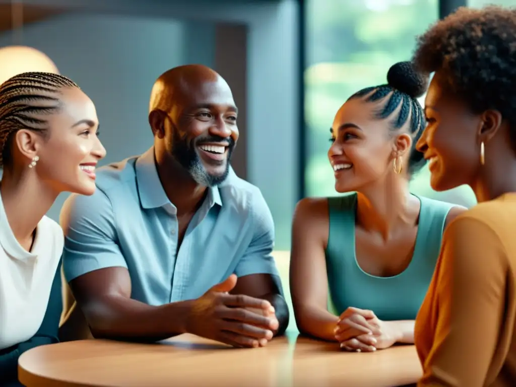 Grupo diverso conversa con conexión emocional, expresiones faciales revelan vínculo profundo