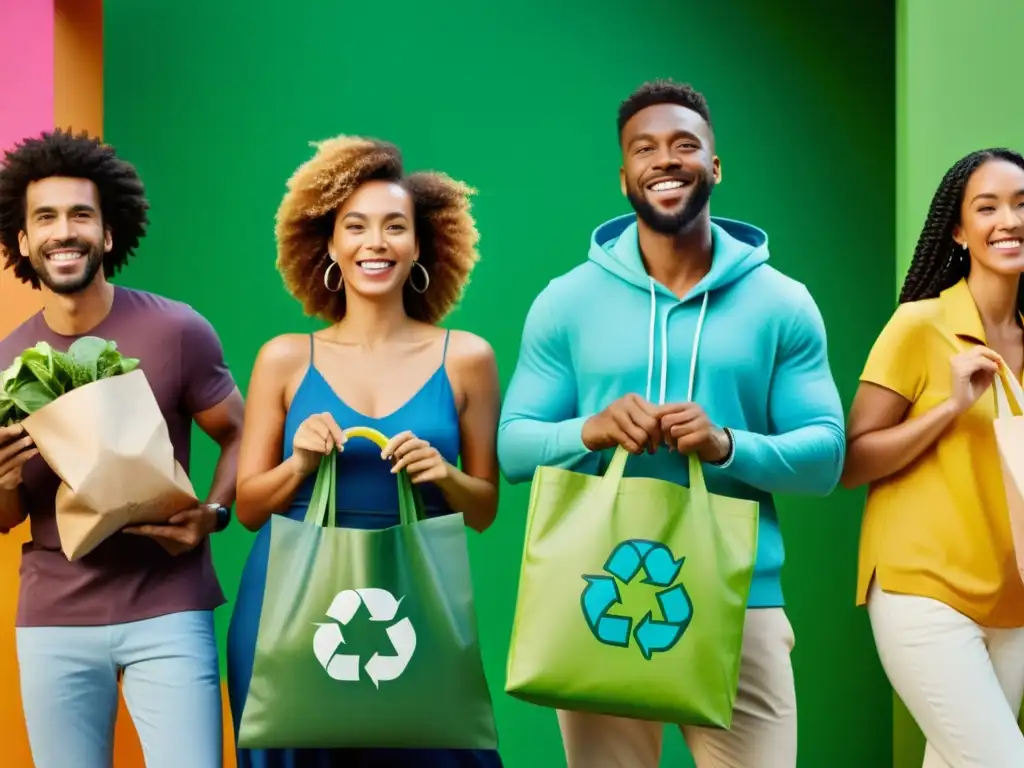 Un grupo diverso de consumidores felices sostienen y usan productos sostenibles como bolsas reutilizables, ropa ecológica y alimentos orgánicos