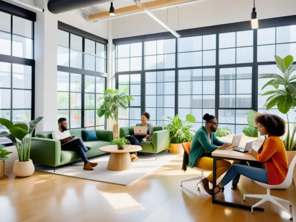 Grupo diverso de creadores colaborando en un espacio de trabajo moderno y luminoso, rodeado de ventanas y plantas