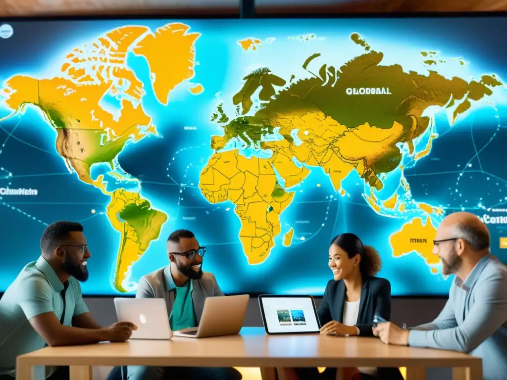 Un grupo diverso de creadores colaborando en un proyecto digital, con un mapa mundial de fondo