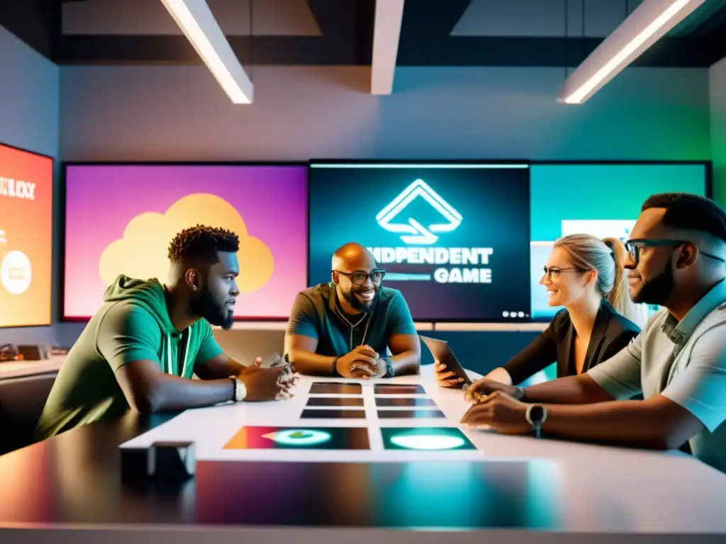 Grupo diverso de desarrolladores de videojuegos independientes discutiendo en un estudio moderno y bien iluminado