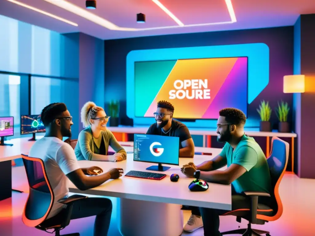 Un grupo diverso de desarrolladores de videojuegos colabora en un espacio de oficina futurista, rodeado de código y gráficos de juegos coloridos