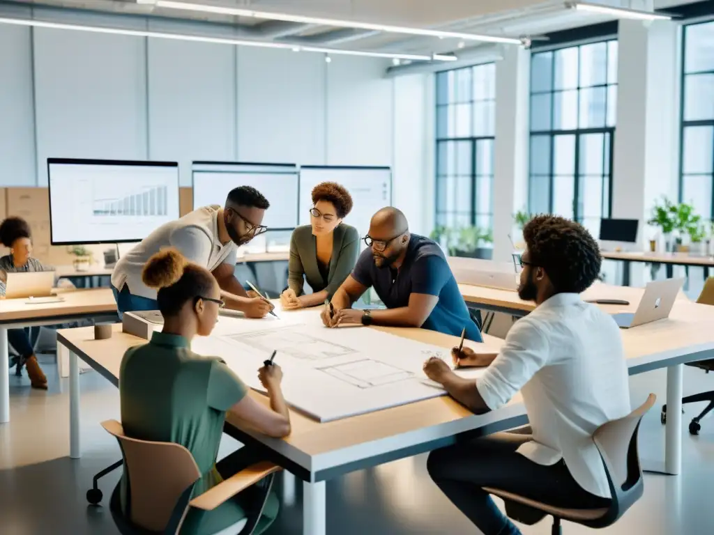 Un grupo diverso de diseñadores industriales colaborando en un estudio moderno, con tecnología de vanguardia y herramientas innovadoras