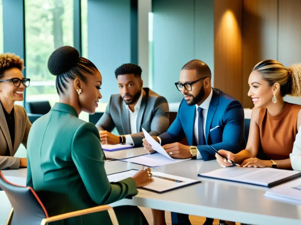 Un grupo diverso de diseñadores de moda y profesionales de negocios discuten acuerdos de licencias en una sala de juntas moderna y elegante