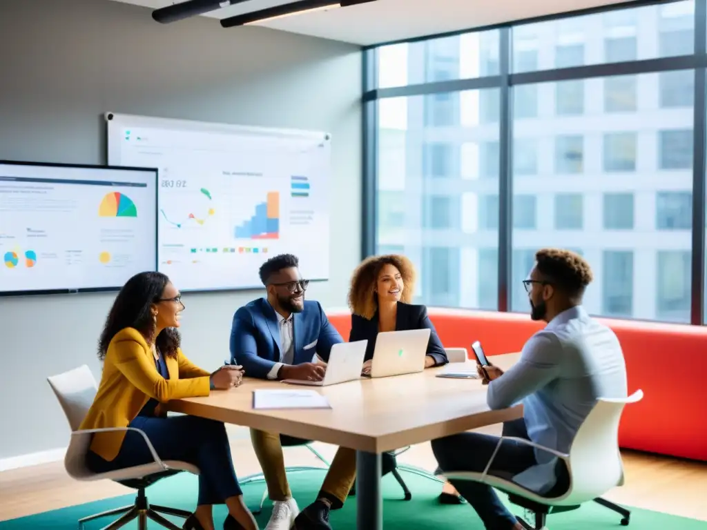 Un grupo diverso de emprendedores discute ideas en una sala moderna y vibrante