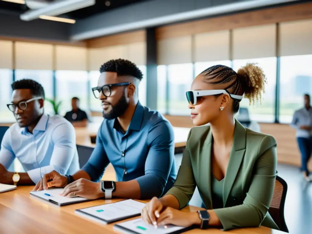 Un grupo diverso de emprendedores colabora en una oficina moderna, con tecnología wearable