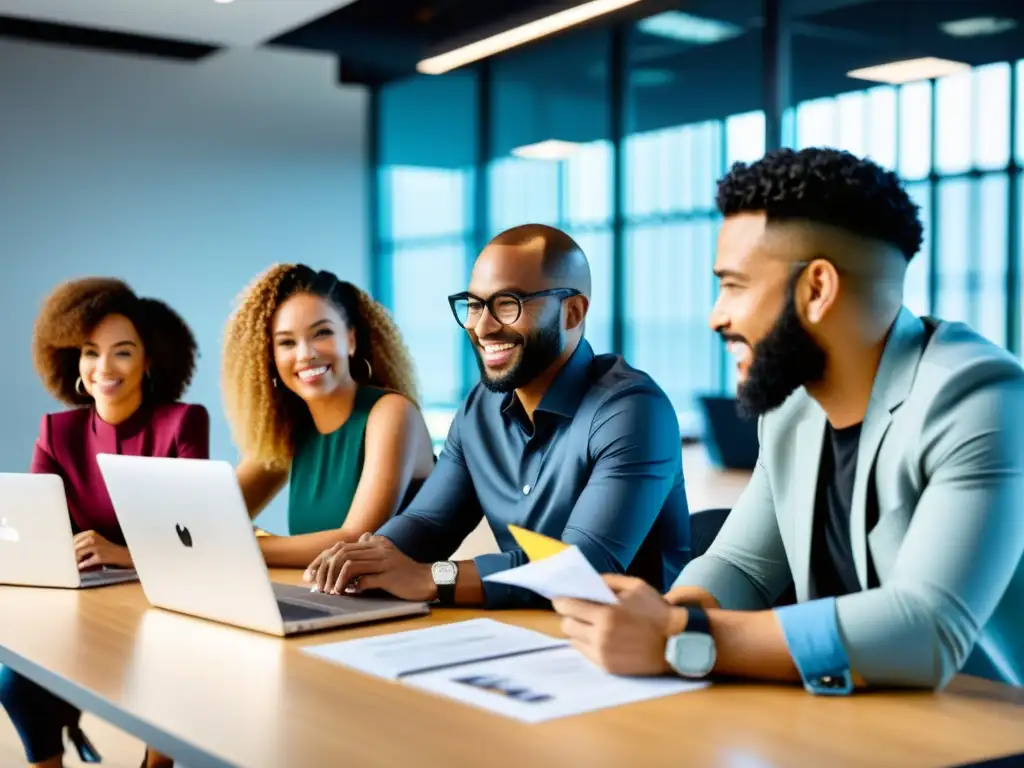 Un grupo diverso de emprendedores discute el registro de marca para comercio electrónico en una oficina contemporánea y elegante, con un ambiente profesional y colaborativo de innovación y vanguardia