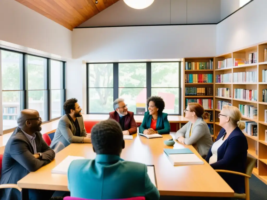 Un grupo diverso de escritores y autores colaboran en una sala de seminarios iluminada, llena de estanterías repletas de libros