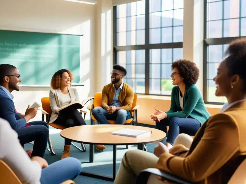 Un grupo diverso de estudiantes participa en una animada discusión sobre literatura clásica en un aula moderna