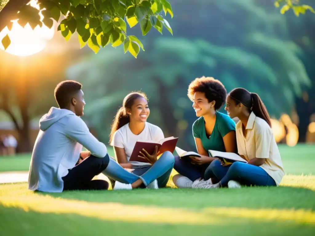 Grupo diverso de estudiantes debatiendo animadamente al atardecer, fomentando un ambiente inclusivo para el uso de materiales protegidos educación