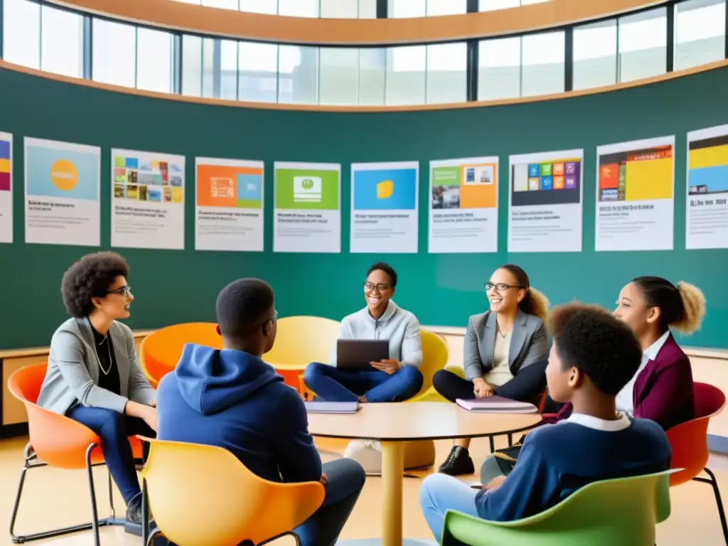 Vibrante debate sobre leyes de copyright en aula moderna Grupo diverso de estudiantes y educadores en círculo discutiendo sobre derechos de autor en un aula moderna con luz natural y tecnología integrada