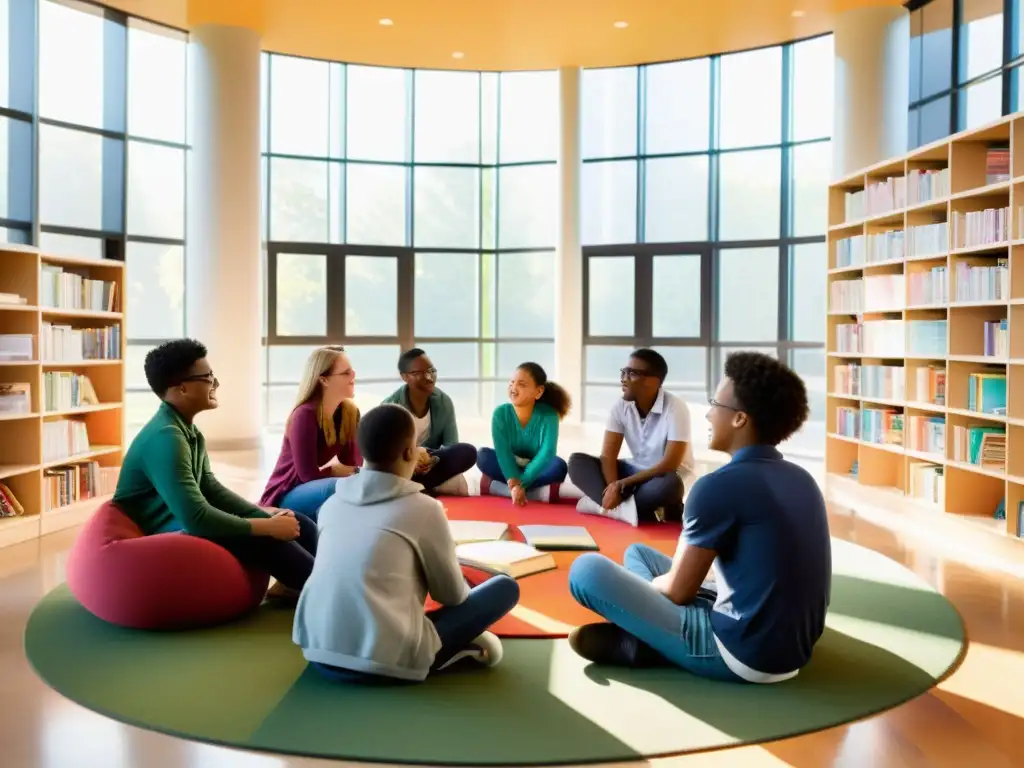 Grupo diverso de estudiantes discutiendo y aprendiendo juntos en un ambiente cálido y acogedor, rodeados de libros y materiales educativos coloridos