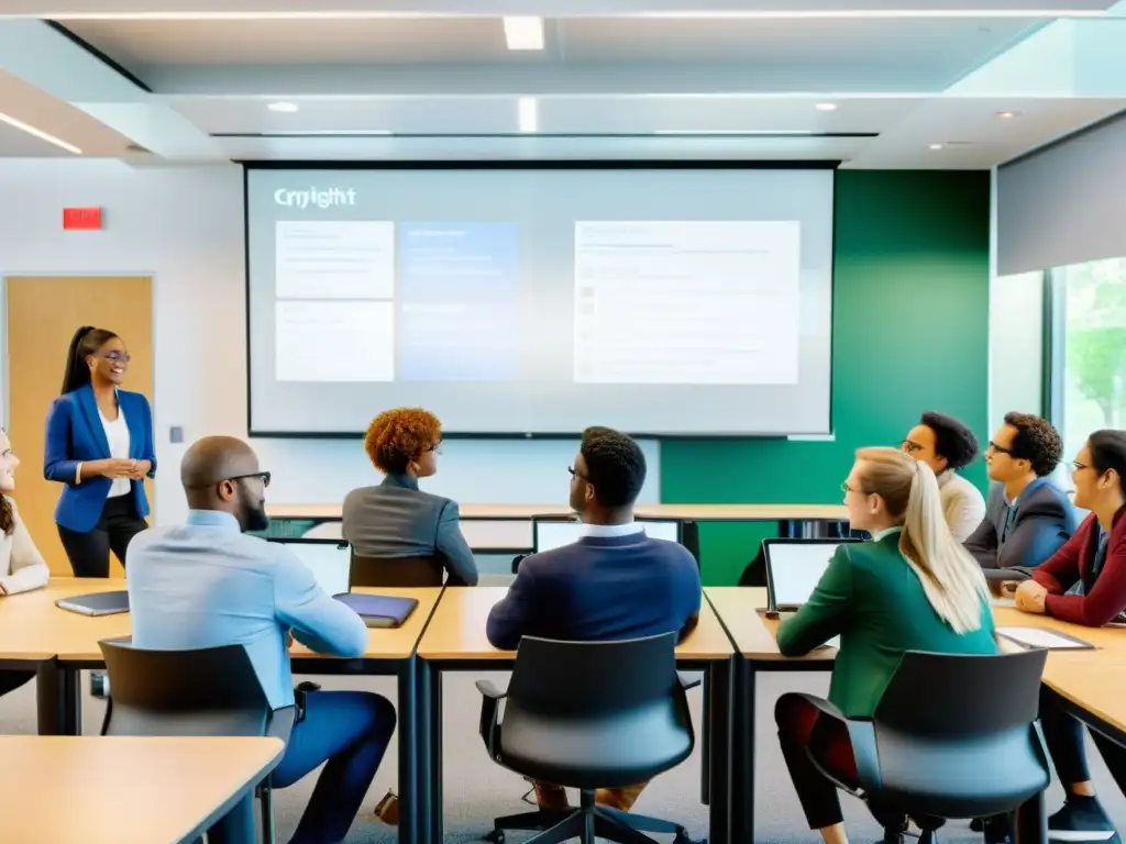 Grupo diverso de estudiantes y maestros debaten leyes de uso de materiales protegidos en educación en aula moderna con tecnología avanzada