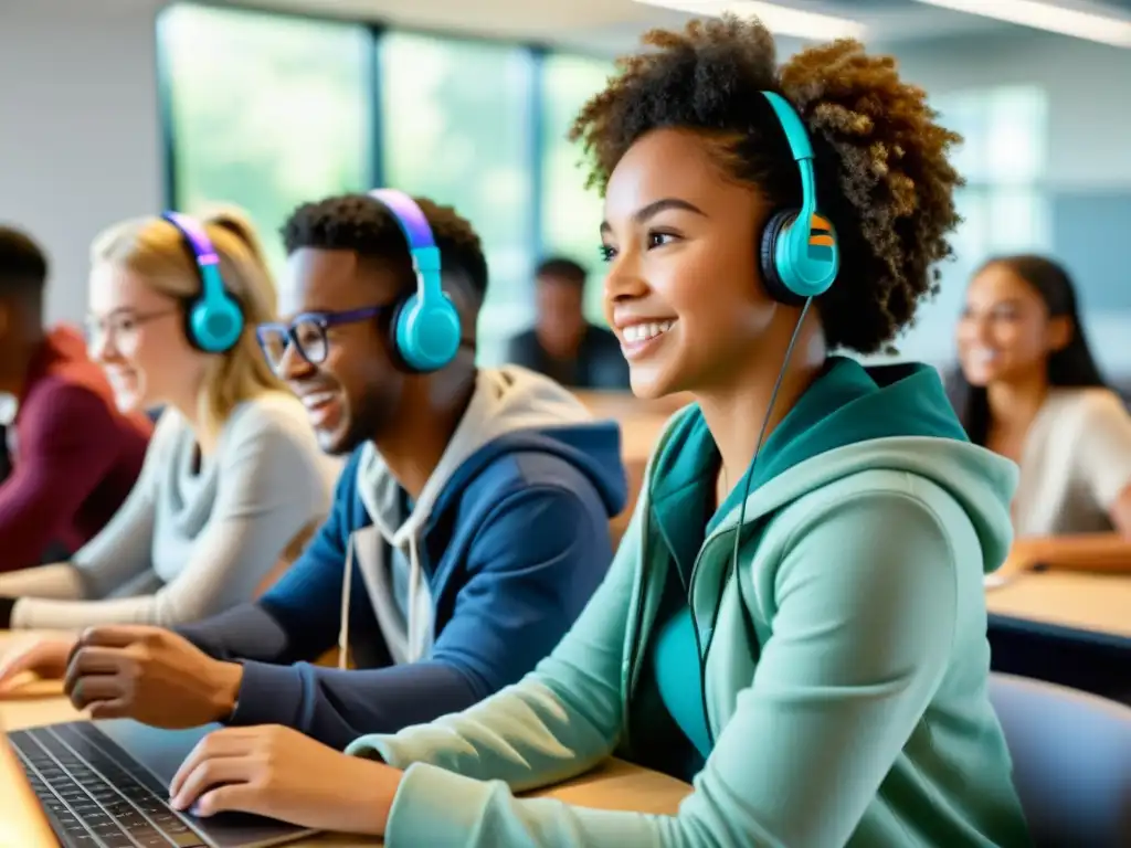 Grupo diverso de estudiantes colaborando con música y videos en aula moderna