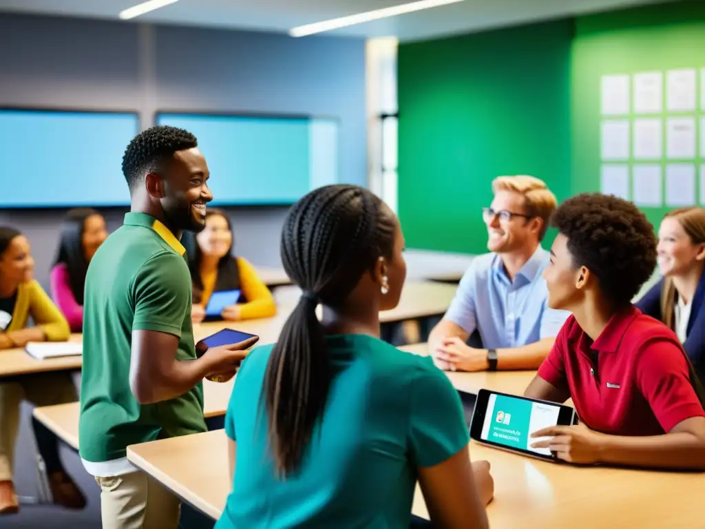 Grupo diverso de estudiantes y profesores debatiendo en un aula moderna, promoviendo la ética en el uso de contenido educativo