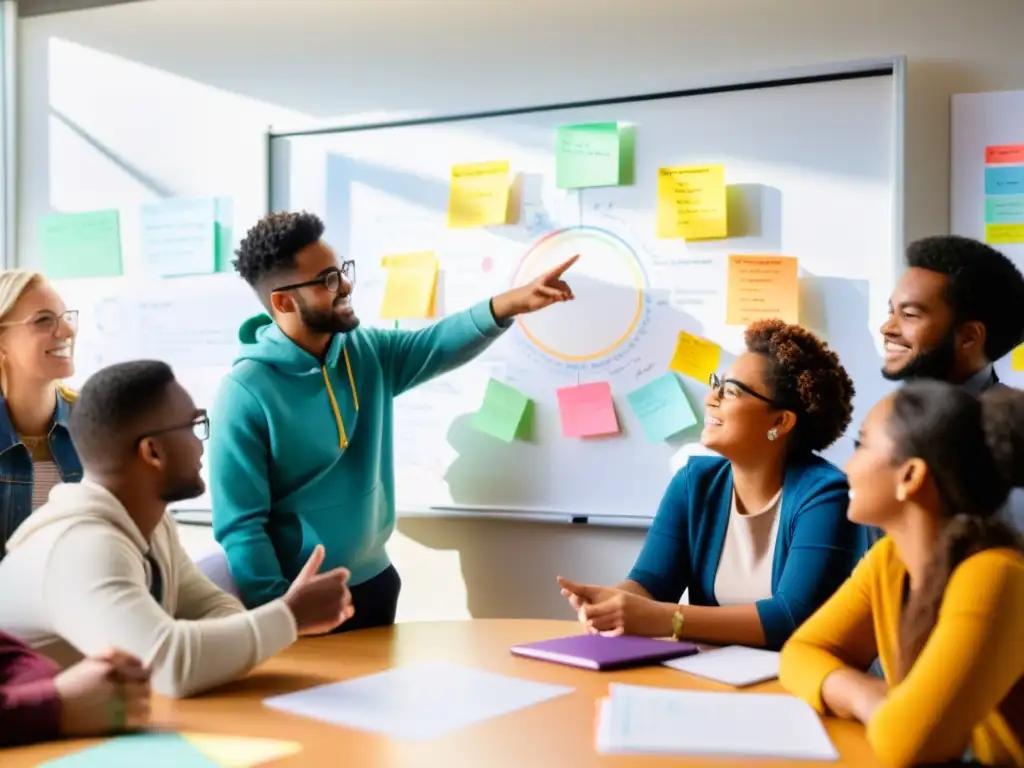 Grupo diverso de estudiantes debatiendo sobre propiedad intelectual en educación, rodeados de mapas mentales y diagramas coloridos en pizarra