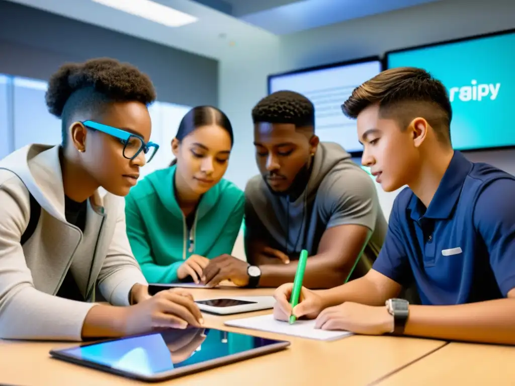 Grupo diverso de estudiantes colaborando en proyecto digital, rodeados de tecnología futurista y herramientas educativas