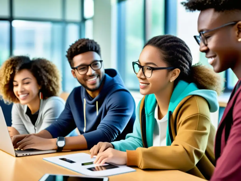 Grupo diverso de estudiantes colaborando en proyecto digital, rodeados de tecnología y recursos educativos