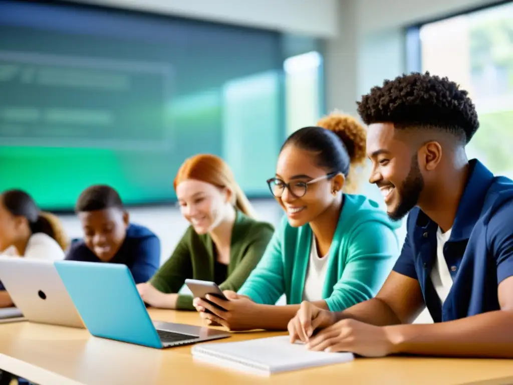 Un grupo diverso de estudiantes colabora en un proyecto educativo moderno, utilizando tecnología en un aula contemporánea con iluminación natural