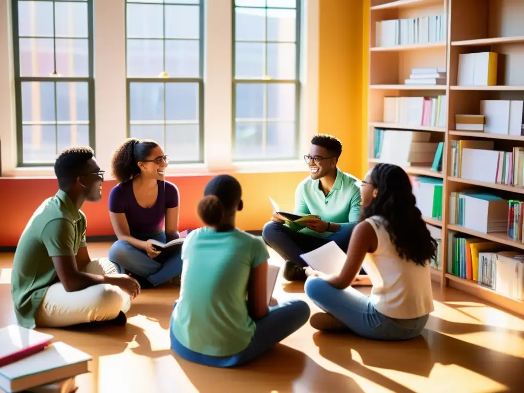 Grupo diverso de estudiantes discuten animadamente rodeados de libros y revistas científicas en una aula moderna