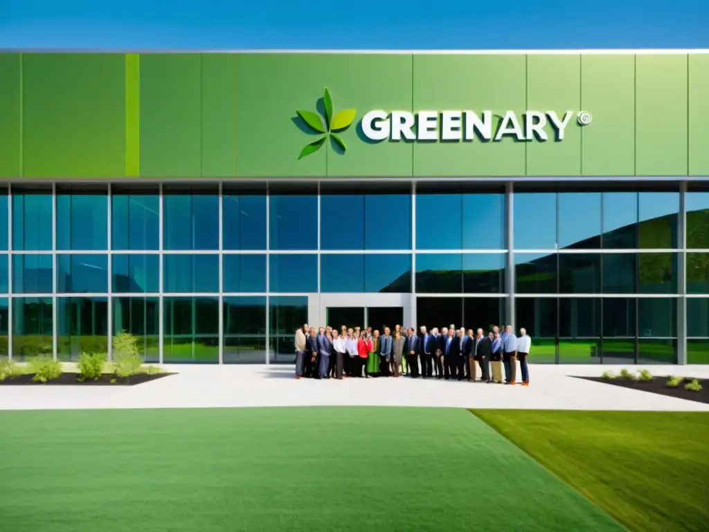 Grupo diverso frente a edificio corporativo moderno con elementos sostenibles
