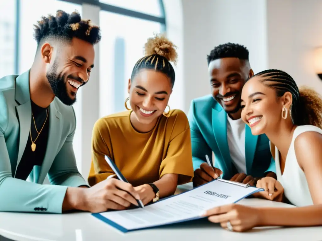 Un grupo diverso de influencers firma un documento juntos, mostrando sonrisas radiantes en un ambiente moderno y luminoso