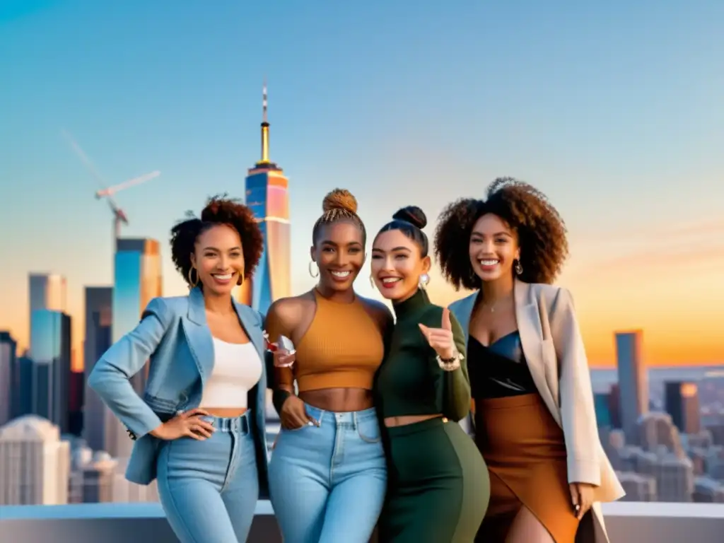 Un grupo diverso de influencers posando con estilo frente a un skyline urbano