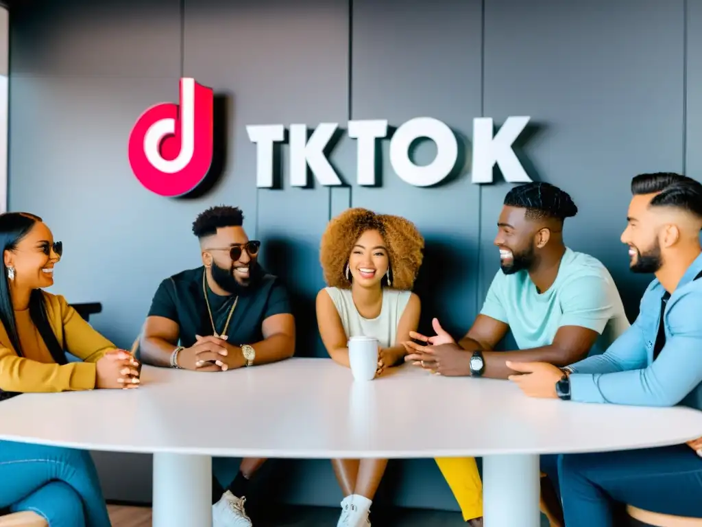 Un grupo diverso de influencers discute animadamente en torno a una mesa, con branding de TikTok visible al fondo