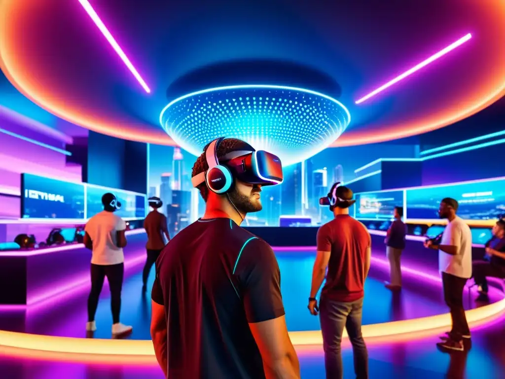Realidad virtual futurista: Gamers inmersos en paisajes hitech Grupo diverso disfruta intensa partida en mundo virtual de gaming, con derechos de autor en gaming