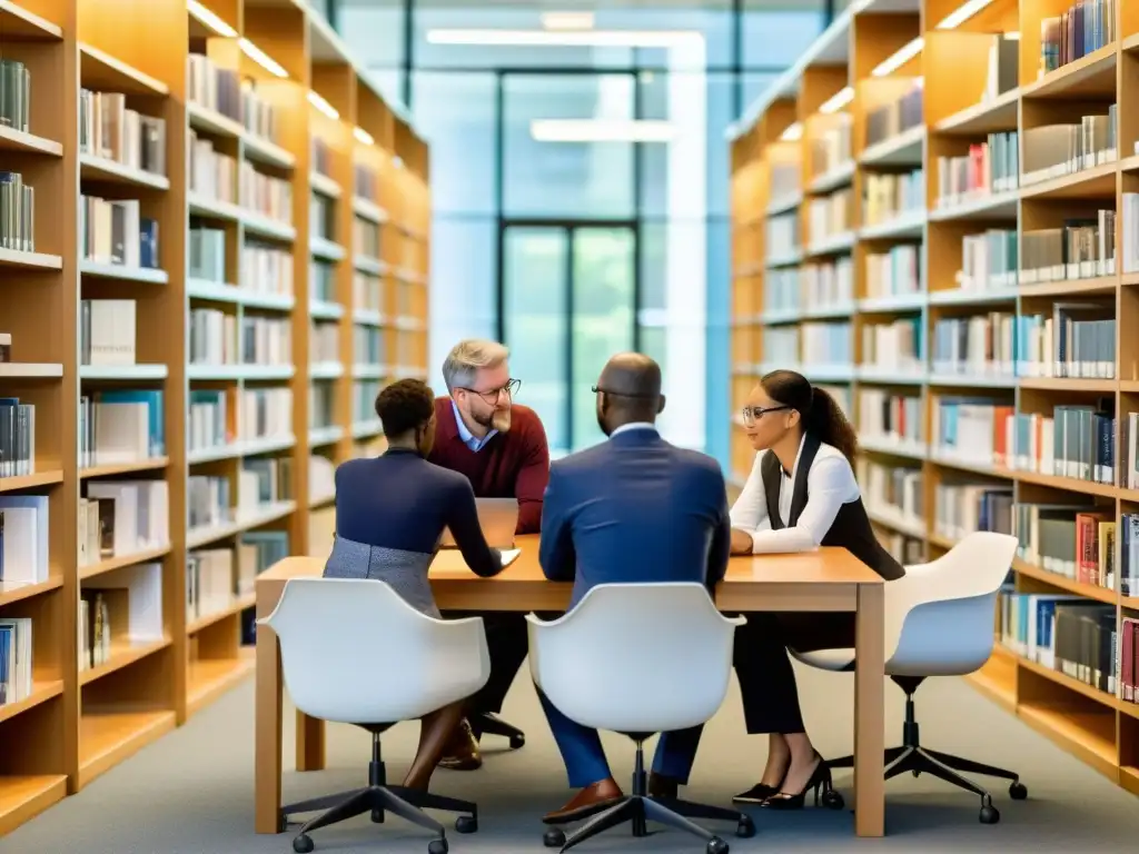 Grupo diverso de investigadores colaborando en una biblioteca moderna, inmersos en la navegación de propiedad intelectual académica internacionales, rodeados de libros y recursos digitales