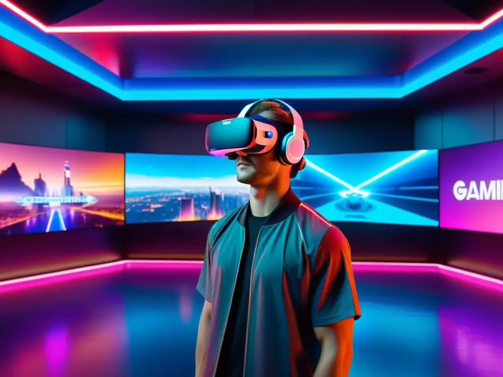 Grupo diverso de jugadores disfrutando de un entorno futurista de realidad virtual, resaltando la importancia de las patentes en videojuegos