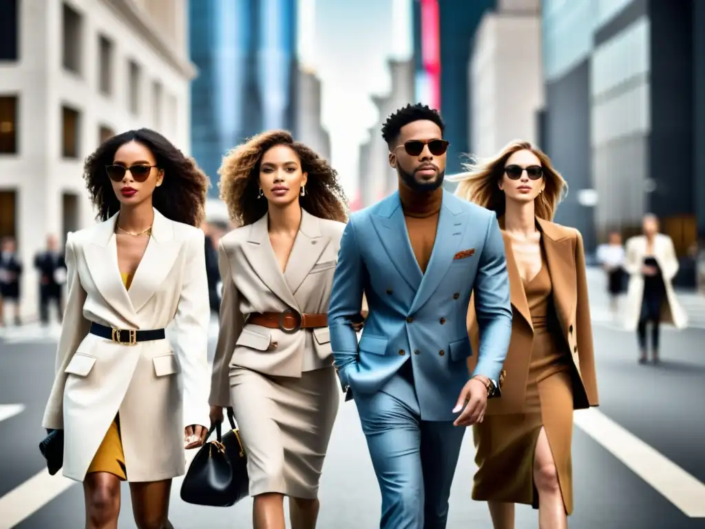 Un grupo diverso de modelos de moda camina con confianza por una bulliciosa calle urbana, luciendo prendas elegantes y modernas de marcas globales