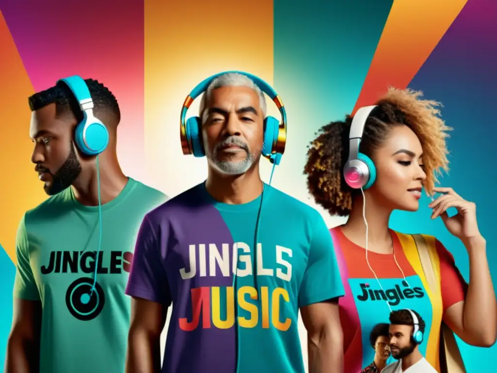 Grupo diverso escuchando música con auriculares y camisetas de marcas, rodeados de símbolos musicales