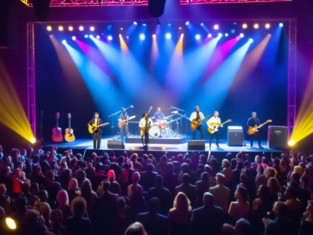 Un grupo diverso de músicos y artistas de todo el mundo tocando juntos en un escenario, con luces de colores iluminando su actuación