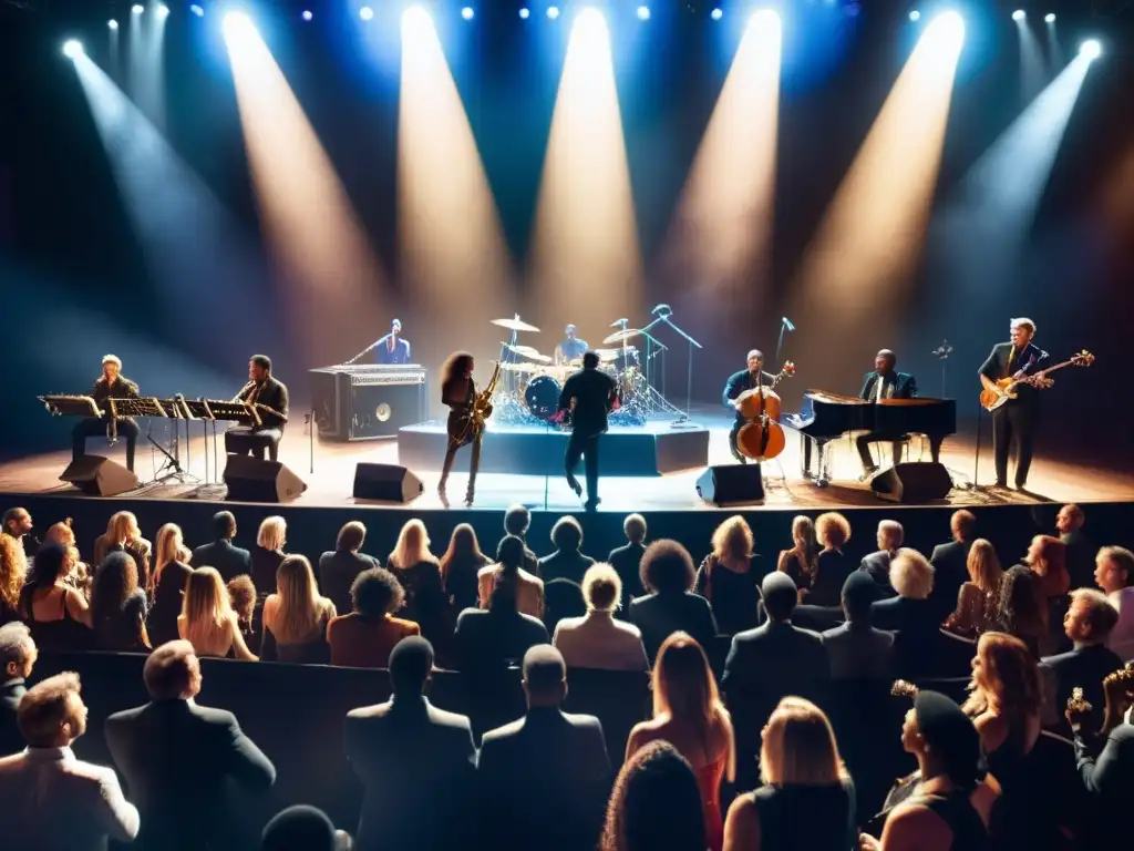 Grupo diverso de músicos entregados a su arte en un vibrante escenario, capturando la pasión y energía de la música en vivo